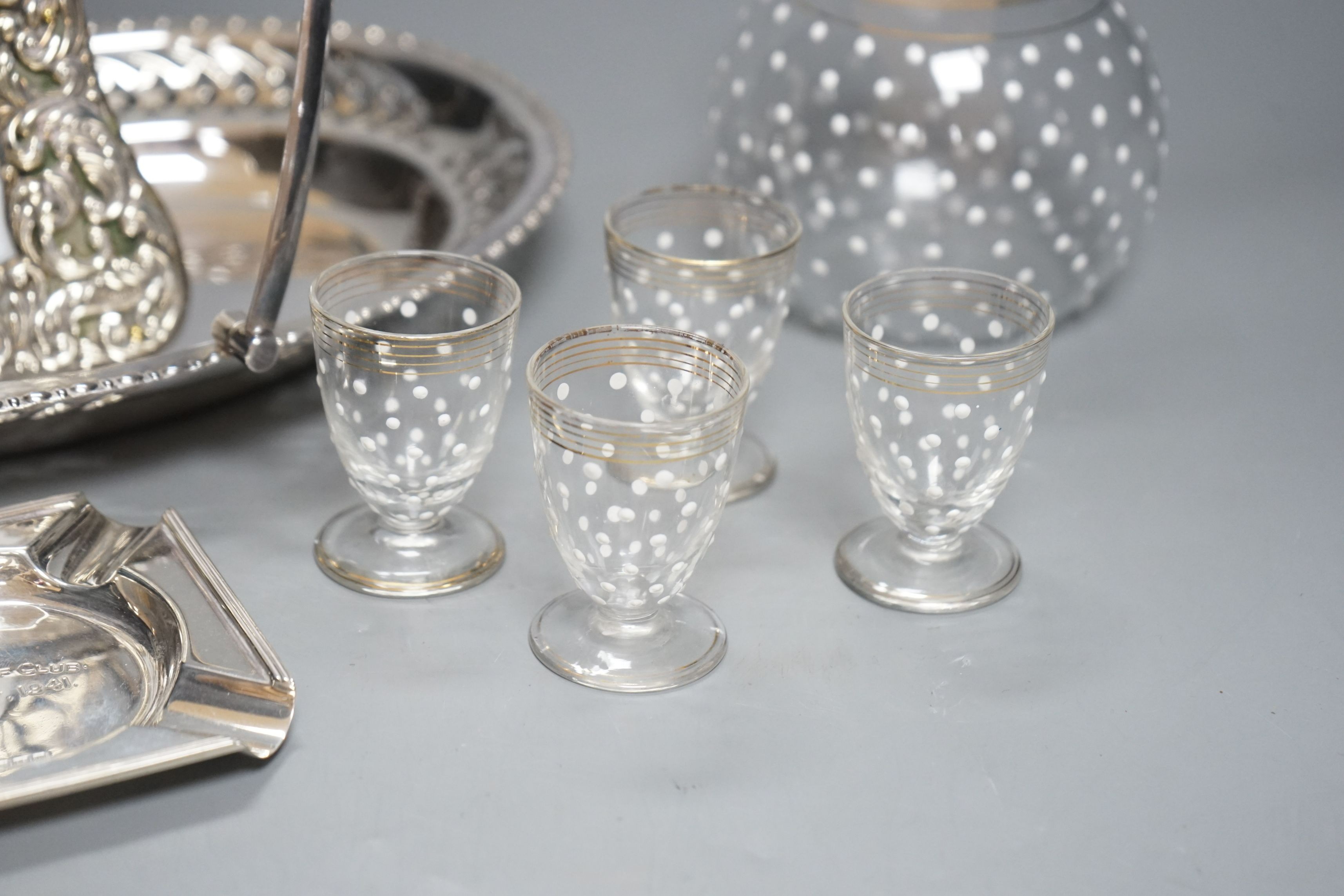 A silver-mounted Victorian thermometer, silver ashtray, plated basket stand, a small enamelled decanter and 4 matching glasses, thermometer 17.5cms high